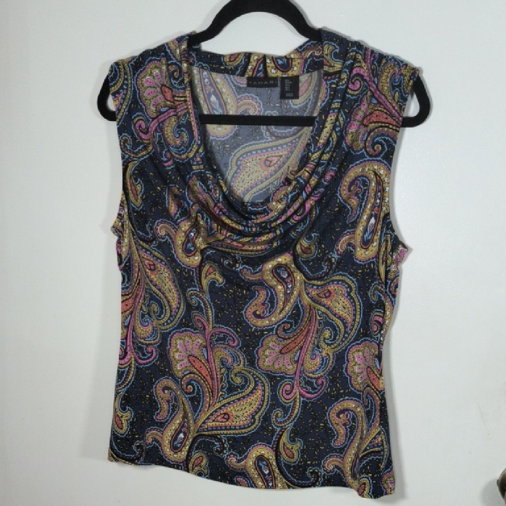 ‼️SOLD‼️Tahari Blue Fitted Sleeveless Blouse with Paisley Graphic Cowl Neckline